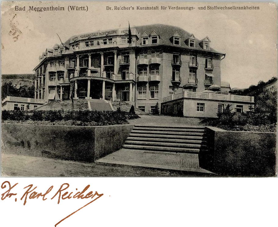 Karl Reichers Hotel Kuranstalt Hohenlohe und Unterschrift, <br> Bildquellen Archiv H Je und Staatsarchiv Ludwigsburg, Sign. PL 502/20 Bü 296