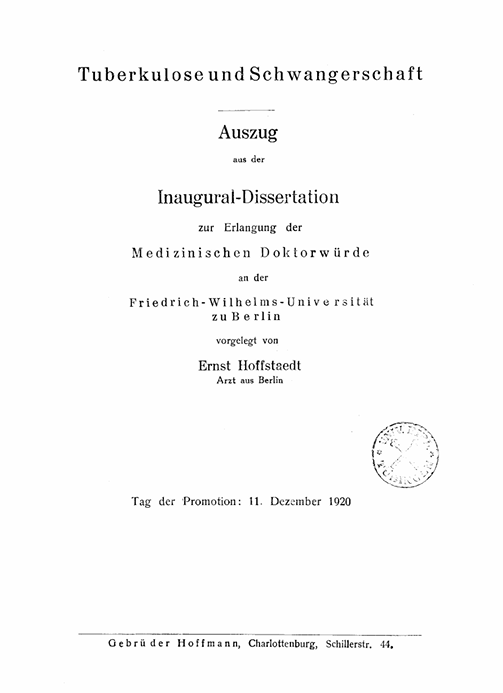 Dissertationsschrift Titelblatt 1920