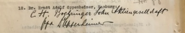 Unterschrift Oppenheimers für die Procura bei Boehringer, Handelsregister 1929. Quelle: Staatsarchiv Hamburg, 231 7 B1998 69 Band1