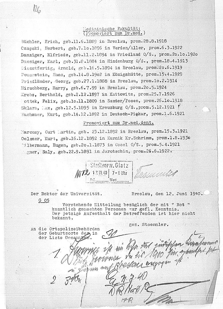 Liste der Entzug der Promotion durch die Universität Breslau 1940 (Auflistung Arno Dienstfertig). Quelle: Arolsen Archives