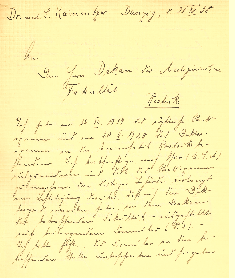 Brief S. Kamnitzers an die Univ. Rostock, Dezember 1938, Quelle: UnivArch Rostock