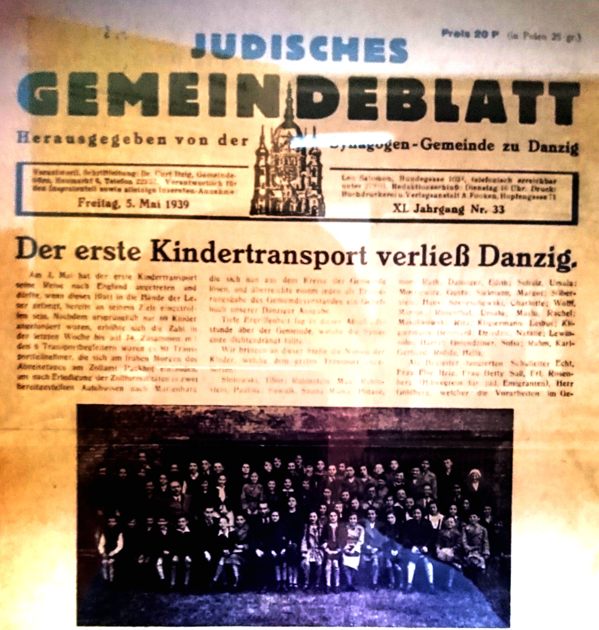 Jüdisches Gemeindeblatt, Synagogen-Gemeinde zu Danzig, 5.
Mai 1939, Xi. Jg, Nr. 33, Titelblatt, Ausstellung in der Neuen Synagoge Danzig-Langfuhr, Foto Harro Jenss Mai 2024, 
