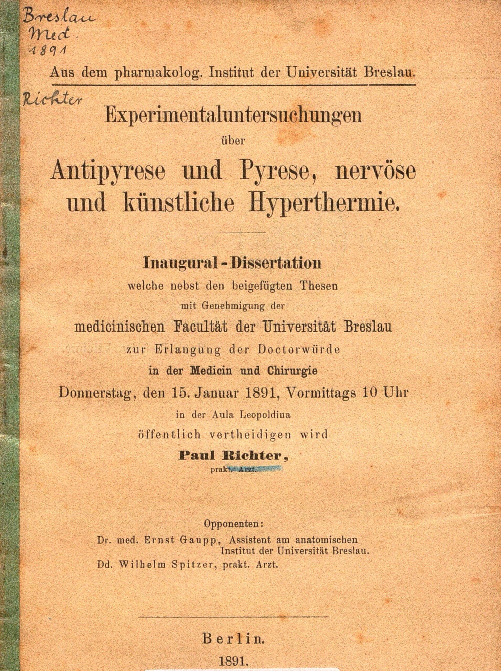 Titelblatt der Dissertationsschrift, Arch H Je