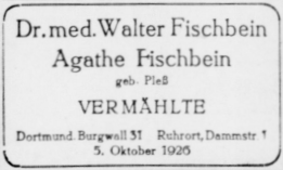 Hochzeitsanzeige. Quelle:  Rhein- und Ruhrzeitung 05.10.1926
