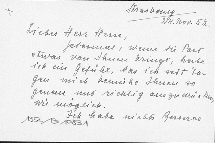 Brief Paul Rosengarts(1) an Hermann Hesse 24.11.1952. Quelle: Schweizerische Nationalbibliothek NB