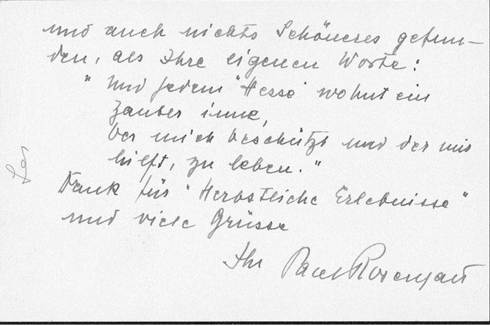Brief Paul Rosengarts (2) an Hermann Hesse 24.11.1952. Quelle: Literaturarchiv Marbach
